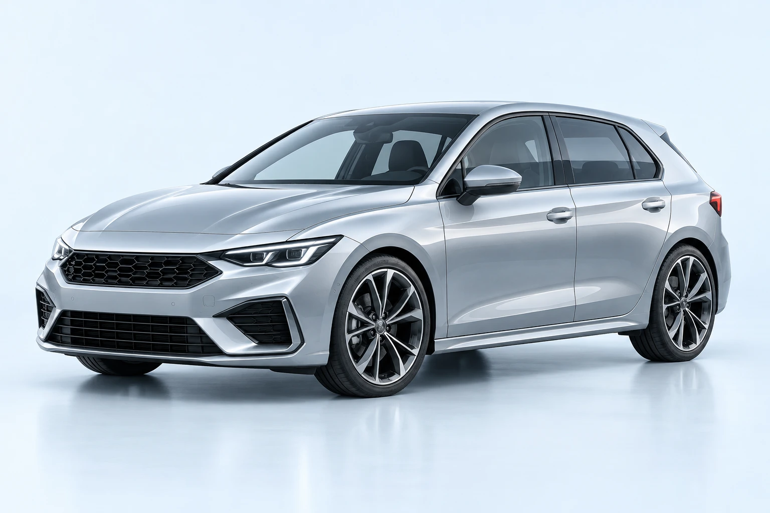 Silver sporty hatchback in a studio